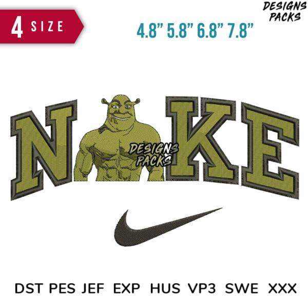 Shrek in Nike-style athletic lettering embroidery design, available in 4 sizes & multiple file formats