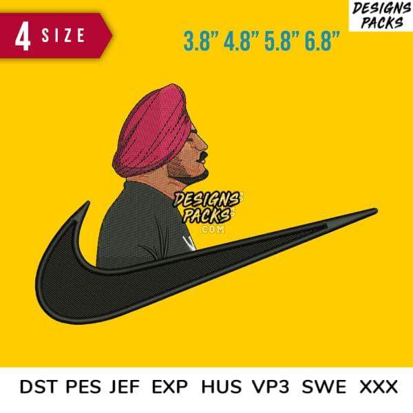 Embroidery design of man in turban with Nike swoosh, available in DST PES JEF formats, 4 sizes