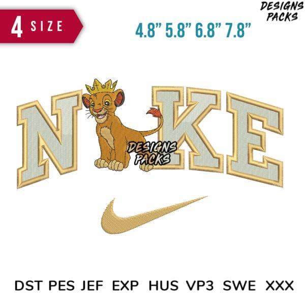 Embroidery design featuring Simba with 'NIKE' text and swoosh, available in multiple sizes and formats