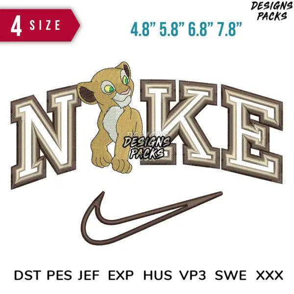 Embroidery design featuring Simba from Lion King with 'NIKE' lettering and swoosh, available in multiple sizes and formats