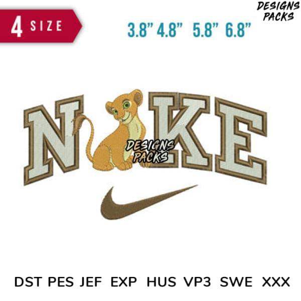 Embroidery design featuring Simba from Lion King in 'NIKE' lettering, available in 4 sizes and multiple file formats.