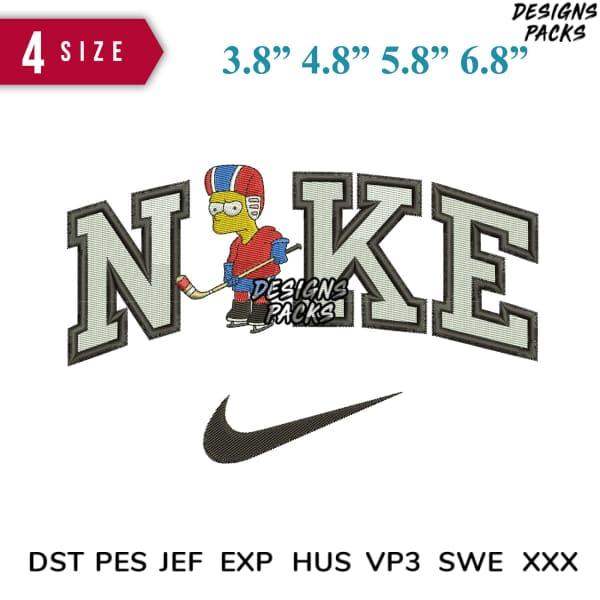 Embroidery design featuring Homer Simpson in hockey gear with 'NOKE' text, available in 4 sizes and multiple formats