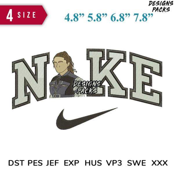Embroidery design featuring 'NAKE' arch with character, Nike swoosh, 4 sizes, DST PES JEF formats