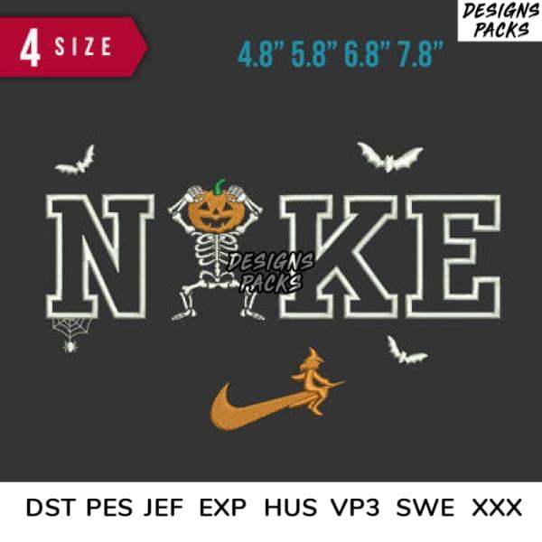 Halloween skeleton pumpkin design with 'NOKE' text, bats, witch, Nike swoosh; embroidery files DST PES JEF