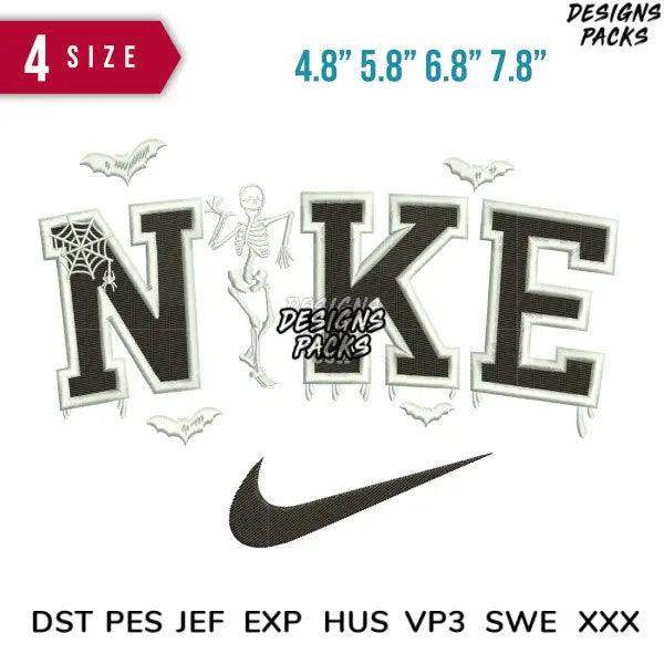 Halloween-themed Nike embroidery design with skeleton, bats, spiderweb; available in PES, DST, EXP formats