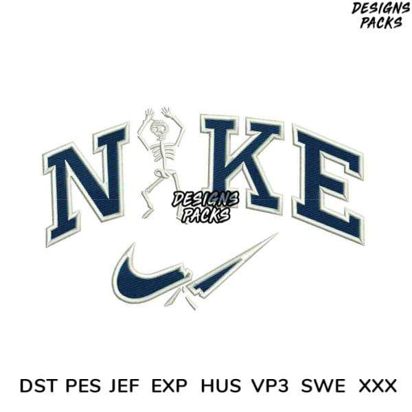 Embroidery design featuring skeleton and Nike logo, available in DST PES JEF formats