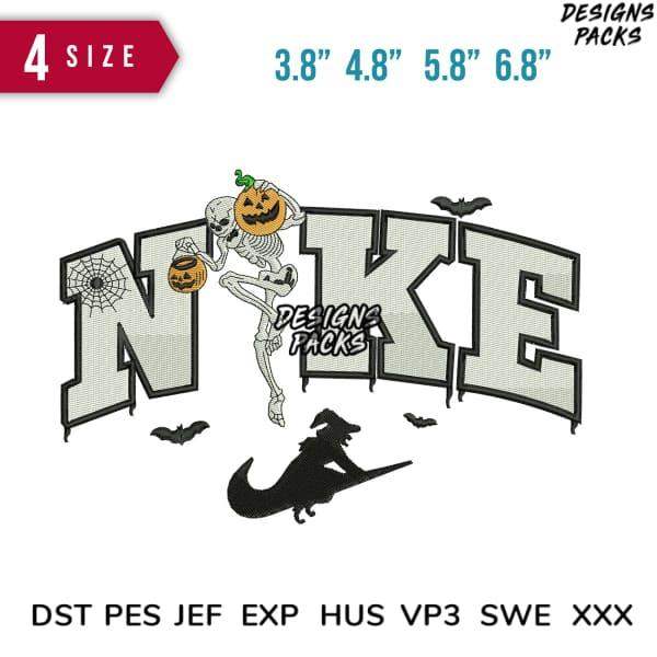 Halloween skeleton with pumpkin on Nike-style letters, embroidery design in 4 sizes, DST PES JEF formats