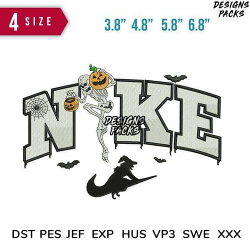 Halloween skeleton with pumpkin on Nike-style letters, embroidery design in 4 sizes, DST PES JEF formats