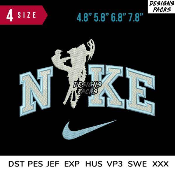 Embroidery design of Nike logo with athlete silhouette, available in 4 sizes and multiple formats