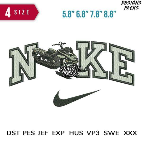 Snowmobile embroidery design with 'NIKE' lettering, 4 sizes, DST PES JEF formats, print-ready for DTG/DTF