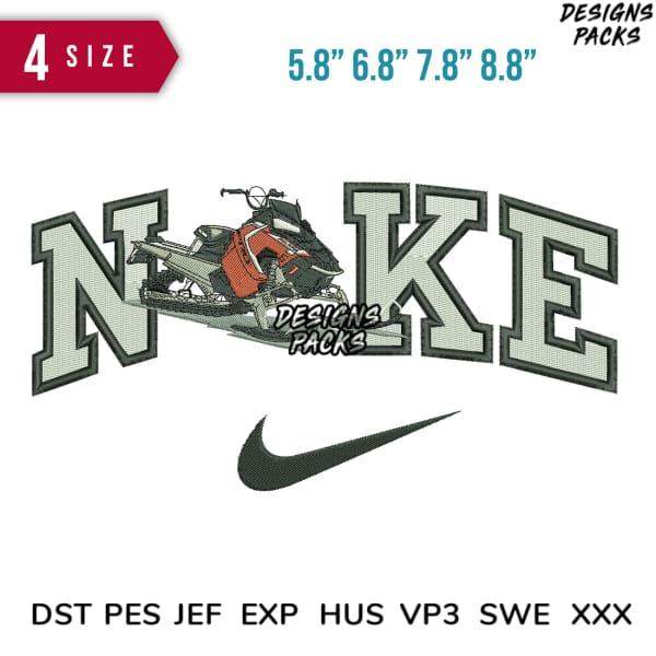 Embroidery design featuring snowmobile within 'NAKE' lettering, Nike swoosh, 4 sizes, DST PES JEF formats