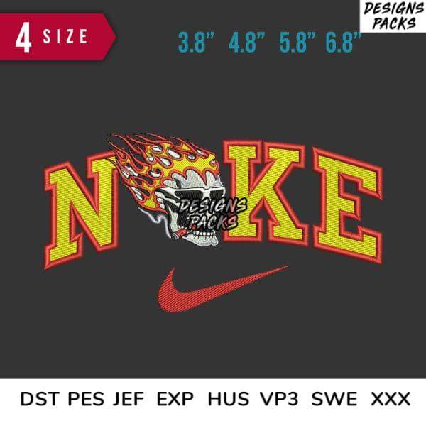 Flaming skull embroidery design with 'NOKE' text, 4 sizes, PES DST formats, print-ready for apparel
