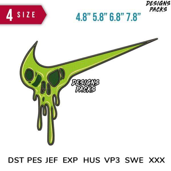 Green slime skull Nike swoosh embroidery design in 4 sizes, DST PES JEF formats for instant download