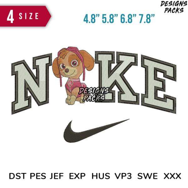 Embroidery design featuring 'NOKE' text with cartoon dog, Nike swoosh, available in 4 sizes and multiple formats