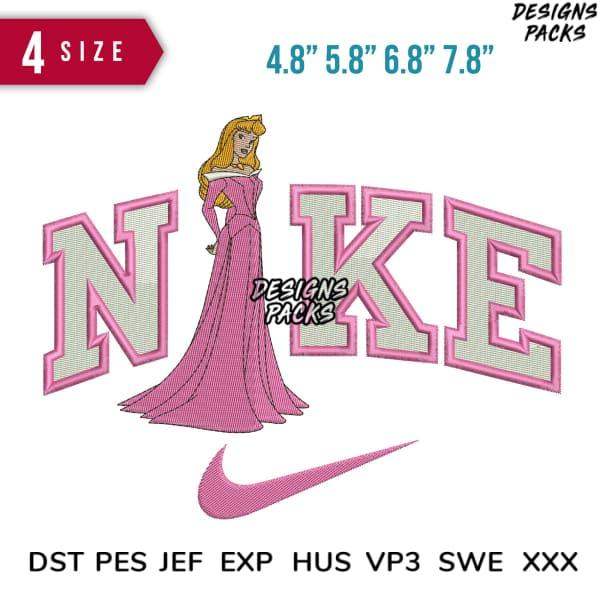 Princess Aurora in pink gown with Nike logo embroidery design, 4 sizes, DST PES JEF formats