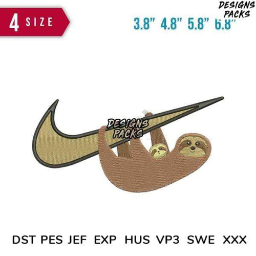 Sloth hanging on Nike swoosh embroidery design, 4 sizes, DST PES JEF formats