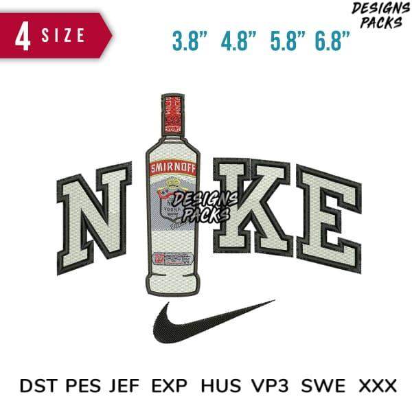 Embroidery design featuring Smirnoff vodka bottle with 'NIKE' lettering and swoosh, available in 4 sizes and multiple file formats.