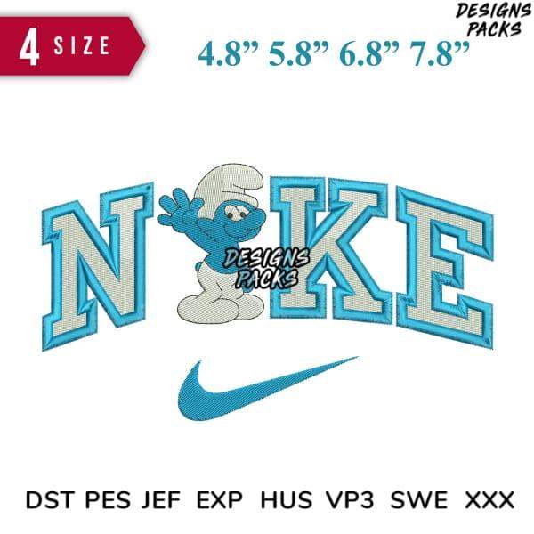 Embroidery design featuring Smurf with 'NIKE' text and swoosh, available in multiple sizes and formats