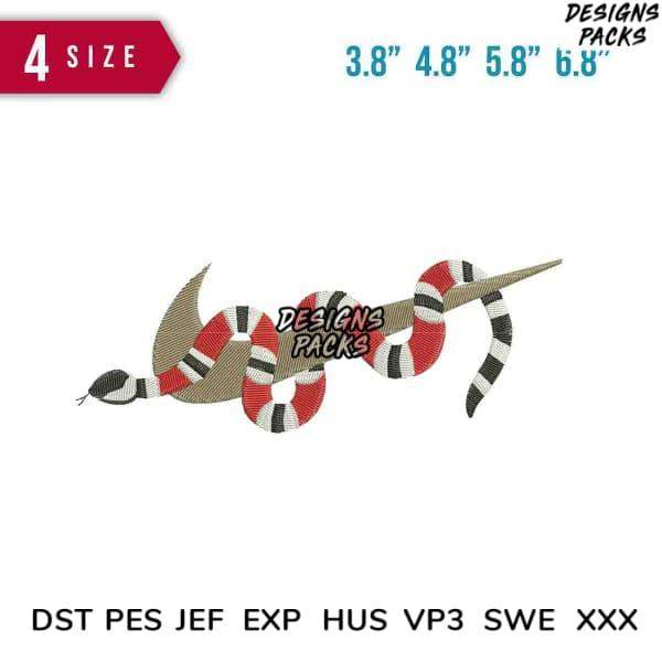 Embroidery design of red, black, and white snake in 4 sizes, compatible with DST PES JEF formats
