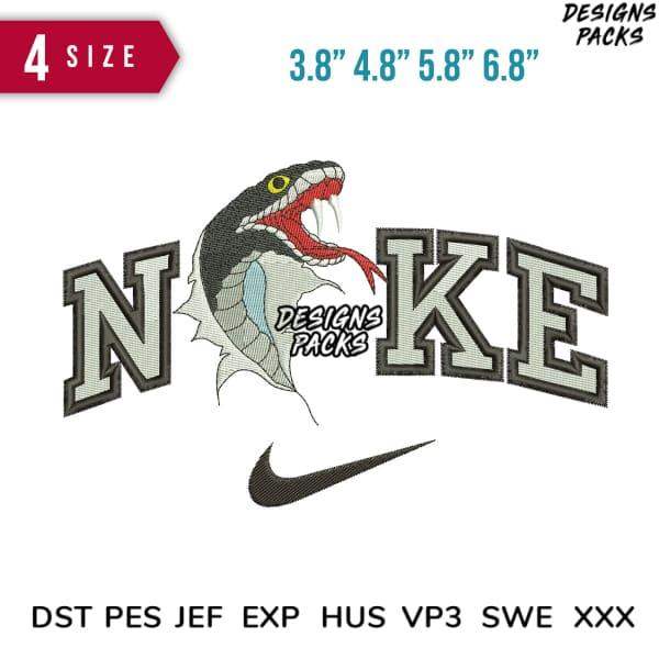Embroidery design featuring snake head with 'NOKE' text, Nike swoosh, 4 sizes, DST PES JEF formats