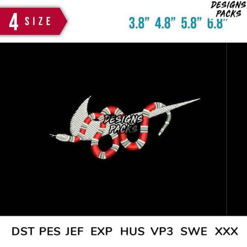Red and white striped snake embroidery design in 4 sizes, compatible with DST PES JEF formats for instant download.