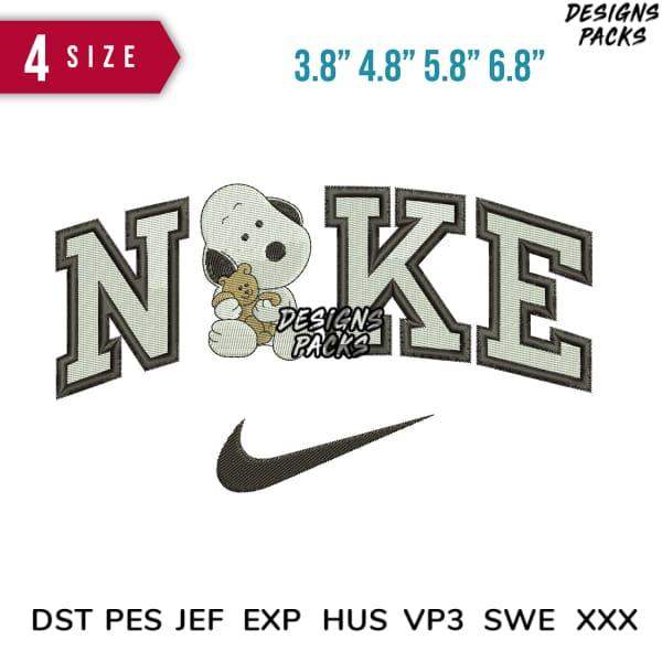 Embroidery design featuring Snoopy with teddy bear and Nike swoosh, available in multiple sizes and formats