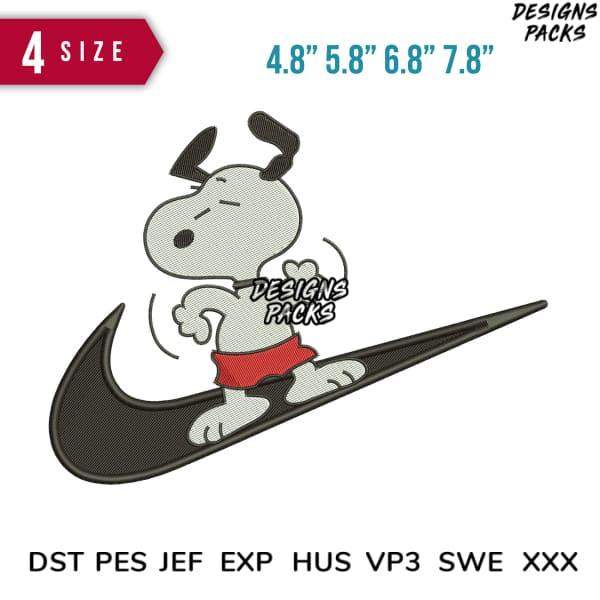 Snoopy surfing on Nike swoosh embroidery design, 4 sizes, DST PES JEF formats, print-ready