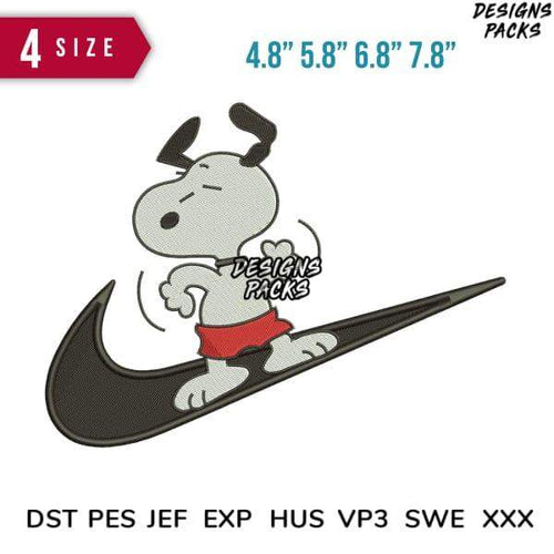Snoopy surfing on Nike swoosh embroidery design, 4 sizes, DST PES JEF formats, print-ready