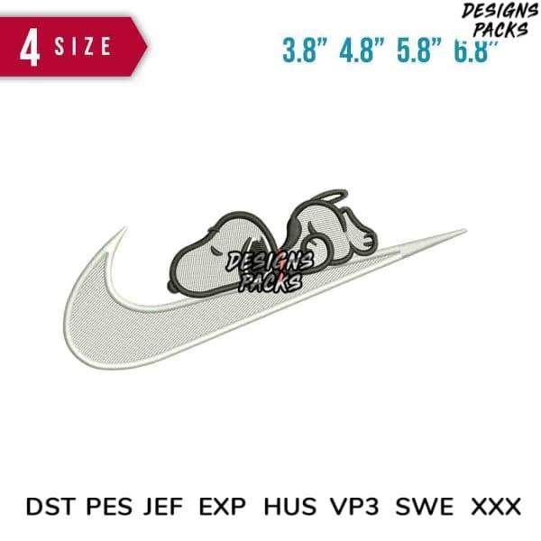 Snoopy sleeping on Nike swoosh embroidery design in 4 sizes, DST PES JEF formats