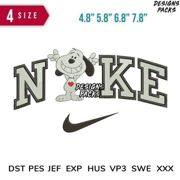 Embroidery design featuring cartoon dog with 'NIKE' lettering, available in 4 sizes and multiple formats.