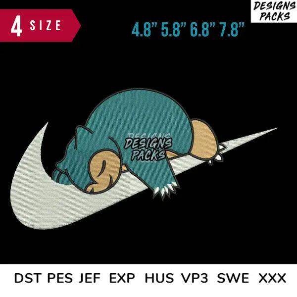 Sleeping Snorlax on Nike swoosh, print-ready embroidery design in multiple sizes