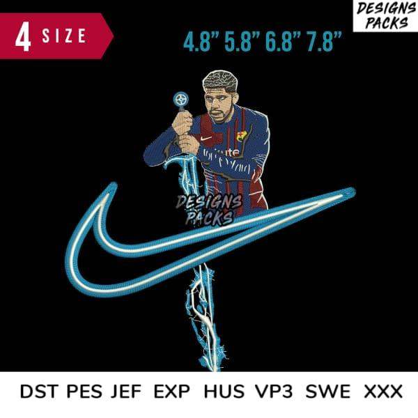 Embroidery design of soccer player with lightning Nike swoosh, available in multiple sizes and formats