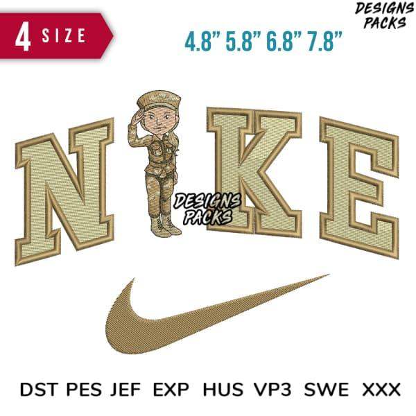 Embroidery design featuring Nike logo and soldier, available in multiple sizes and formats