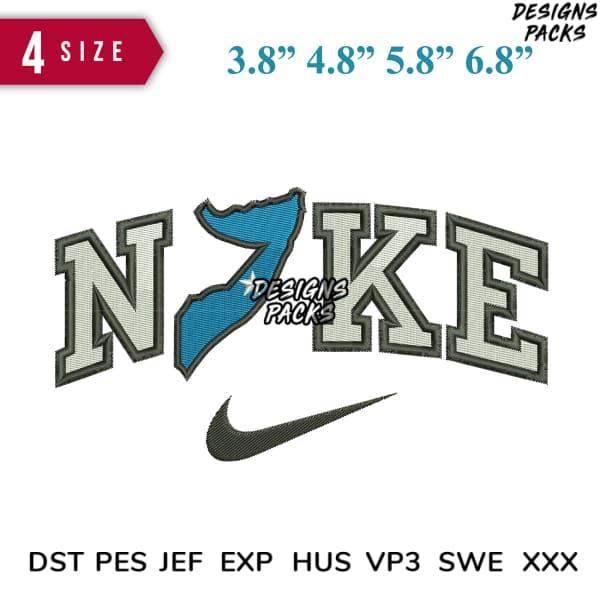 Embroidery design with Nike-style swoosh and lettering in multiple sizes for instant download