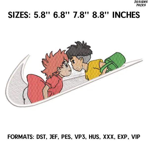 Nike Sosuke and Ponyo Embroidery Design File, Ponyo on the Cliff by the Sea Anime Embroidery Design, Anime Pes Brother