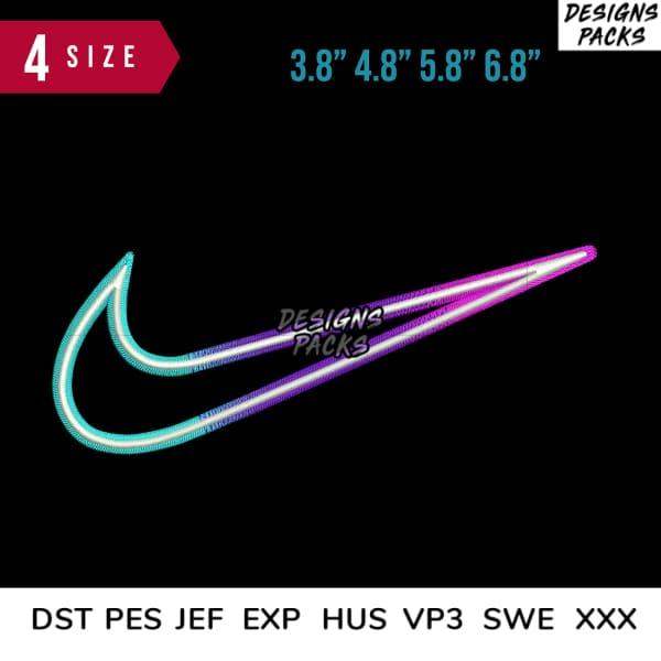 Neon gradient Nike swoosh embroidery design in multiple sizes, available in DST PES JEF formats