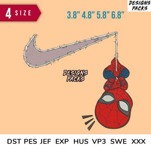 Spider-Man embroidery design with Nike swoosh, 4 sizes, PES DST formats for machine stitching