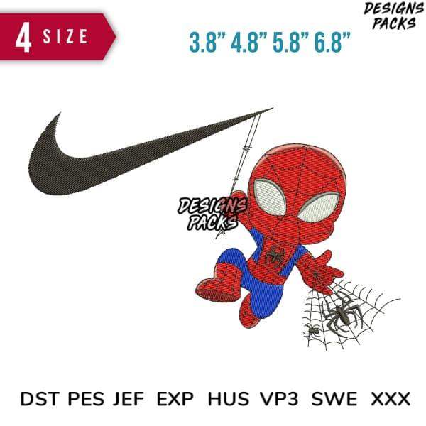 Chibi Spider-Man embroidery design with Nike swoosh, 4 sizes, DST PES JEF formats