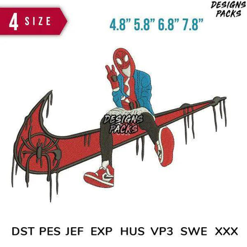 Spider-Man embroidery design on dripping red swoosh, available in multiple sizes and formats