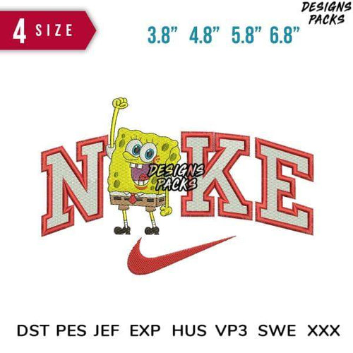 SpongeBob embroidery design with Nike-style lettering, available in 4 sizes and multiple file formats for instant download.