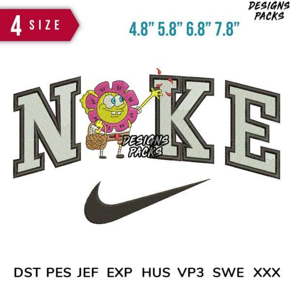Embroidery design featuring SpongeBob with 'NOKE' text and Nike swoosh, available in multiple sizes and formats