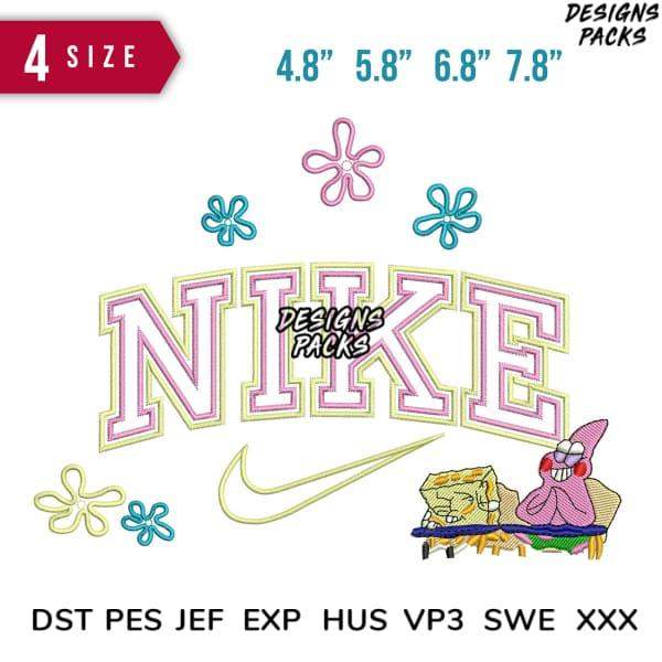 Embroidery design featuring Nike-style lettering with flowers, SpongeBob & Patrick, available in multiple sizes and formats