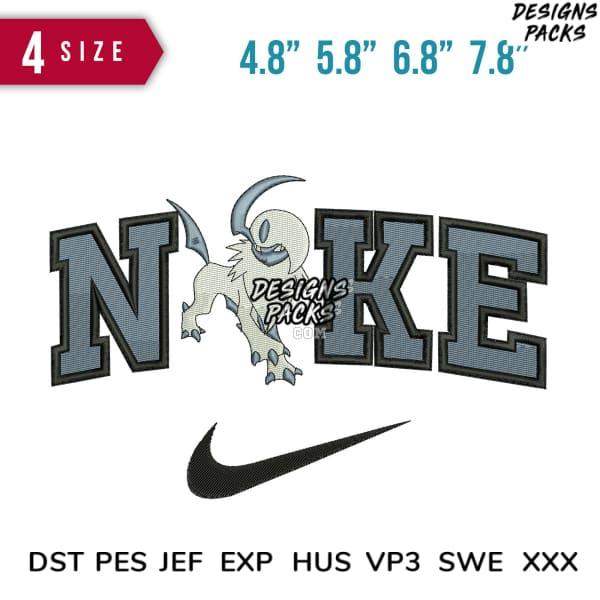 Embroidery design featuring 'NOKE' with dragon mascot, Nike swoosh, available in 4 sizes and multiple file formats.
