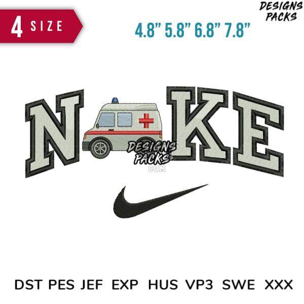 Embroidery design featuring ambulance in 'NIKE' lettering, 4 sizes, DST PES formats for instant download