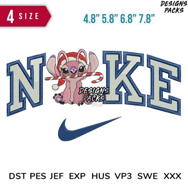 Stitchy pink elephant in Santa hat holding candy cane, embroidered with Nike-style lettering and swoosh, 4 sizes, DST PES JEF formats