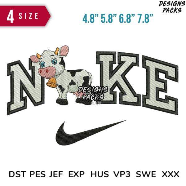 Cute cow with bell beside 'NIKE' text and swoosh, embroidery design in multiple sizes and formats