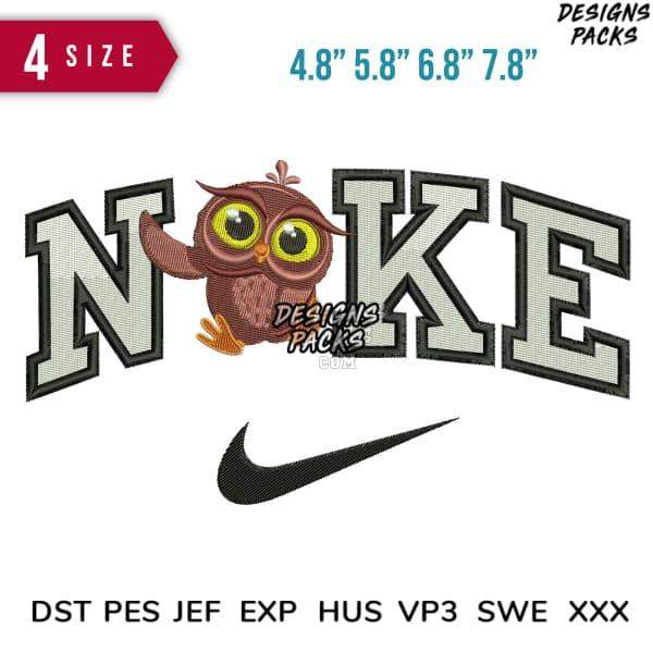 Embroidery design featuring owl and 'NIKE' text with Nike swoosh, available in multiple sizes and formats