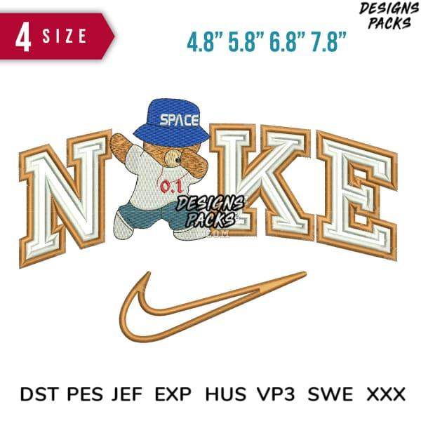 Embroidery design featuring teddy bear in 'SPACE' cap with 'NAKE' lettering, Nike swoosh, 4 sizes, DST PES formats