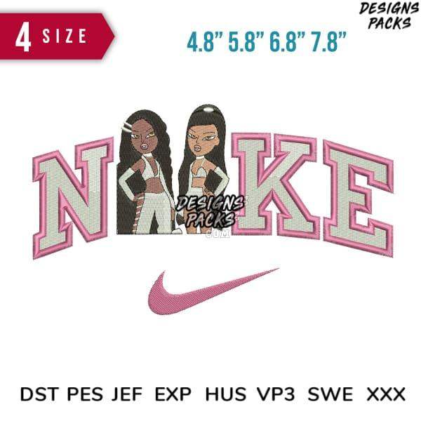Pink Nike-inspired embroidery design with two women, available in multiple sizes and formats