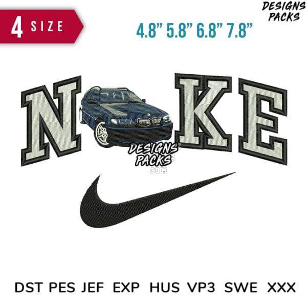 Embroidery design featuring car and Nike logo in 4 sizes, compatible with DST PES formats